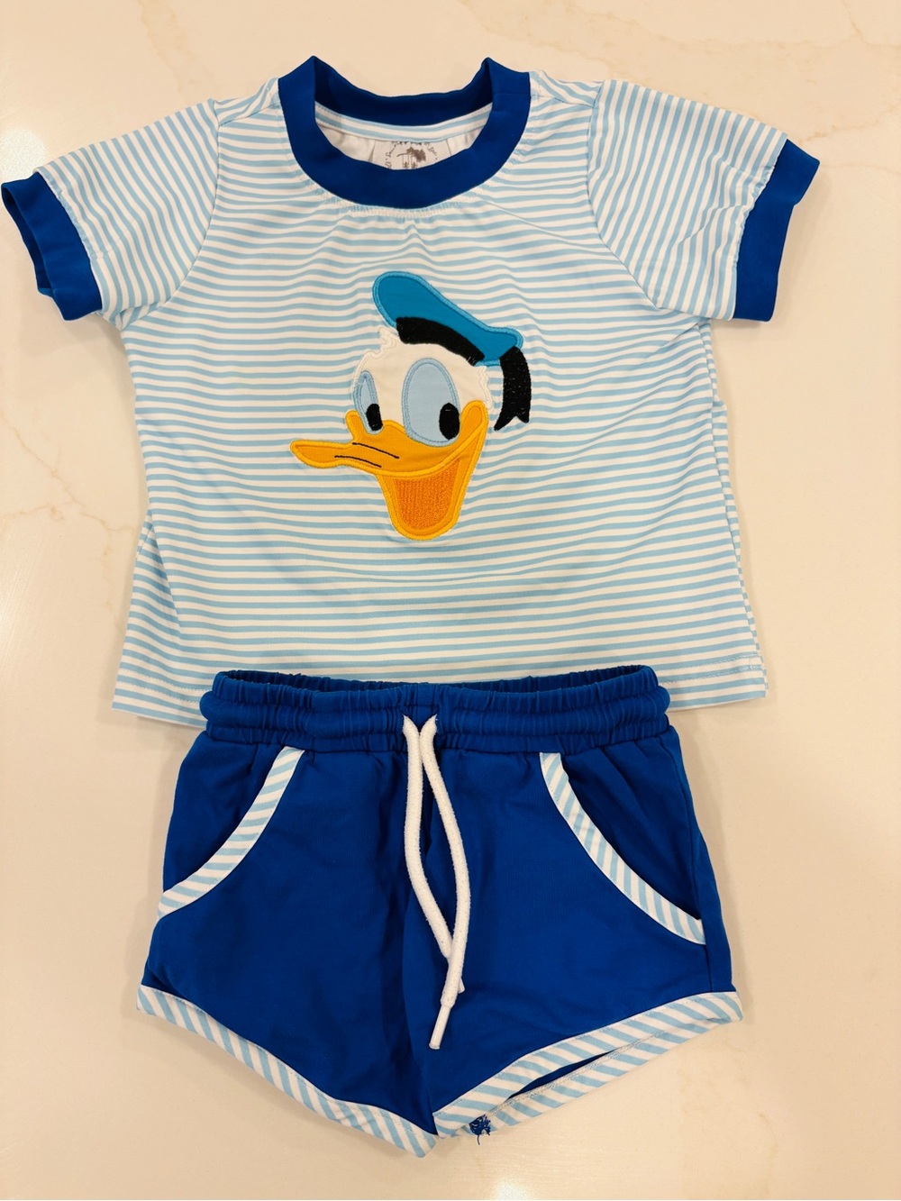 Smocked by Laya&Linc Kids Blue Embroidered Donald Duck Short Set 12mo.